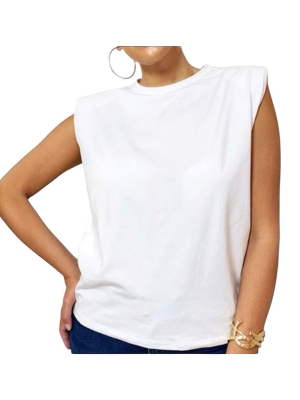 Boutique White Sleeveless Muscle Tee With Shoulder Pads Womens Small